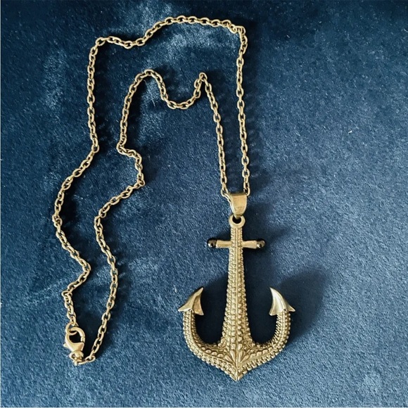 Ugo Cacciatori XL Sterling Silver Onyx Anchor Pendant Necklace Italy